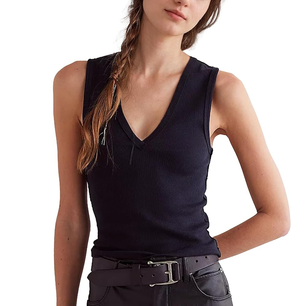 Ainangua Workout Tank Tops For Women Casual Sleeveless V Neck Ribbed Basic Shirts Summer Going Ou... | Amazon (US)