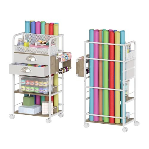Rolling Craft Storage Cart with Lockable Wheels, DIY Organizer for Wrapping Paper, Paints, Brushes, Tools, and Craft Supplies, Multi-Tier Craft Cart with Tape Holder, Drawers, and Mesh Baskets | Amazon (US)