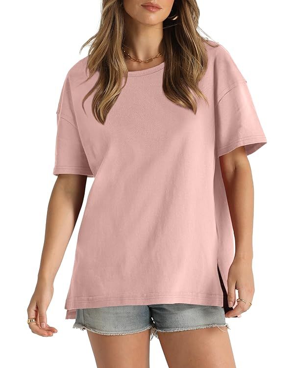 WIHOLL Summer Tops for Women Short Sleeve Cotton T-Shirts Loose Fit Basic Tees Split Hem | Amazon (US)