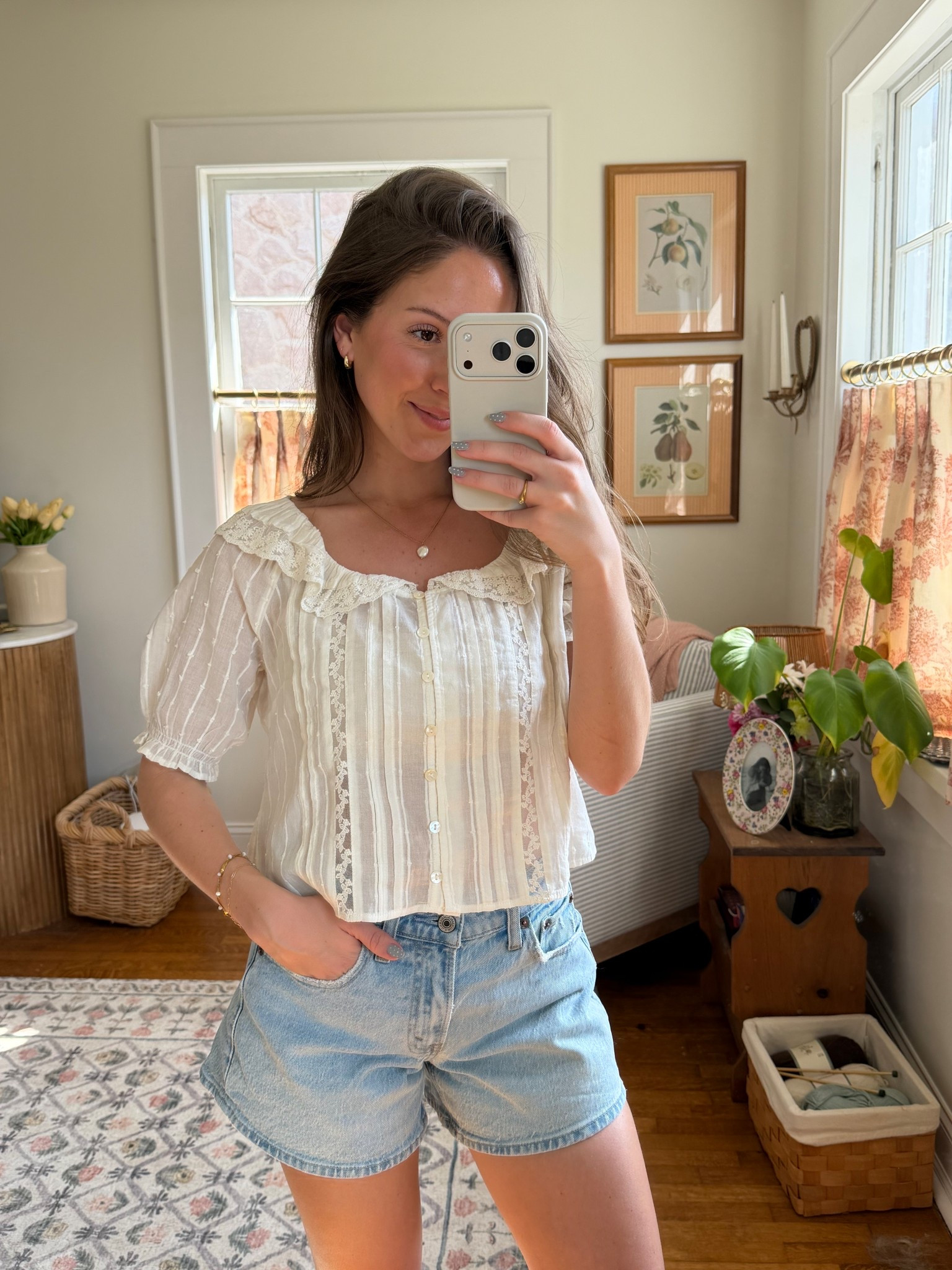Perfect denim shorts for spring and summer paired with my favorite ruffle blouse! It’s so cottage core!! 
Wearing size xs in top and 23 in denim! @abercrombie @American Eagle Outfitters 

#LTKSpringSale #LTKootd #LTKgrwm