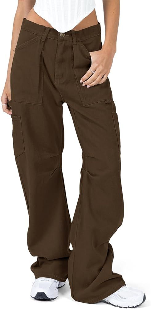 Darong Women's Cargo Pants Straight Wide Leg Casual Pants Trouser Y2K Pants with 6 Pockets | Amazon (US)