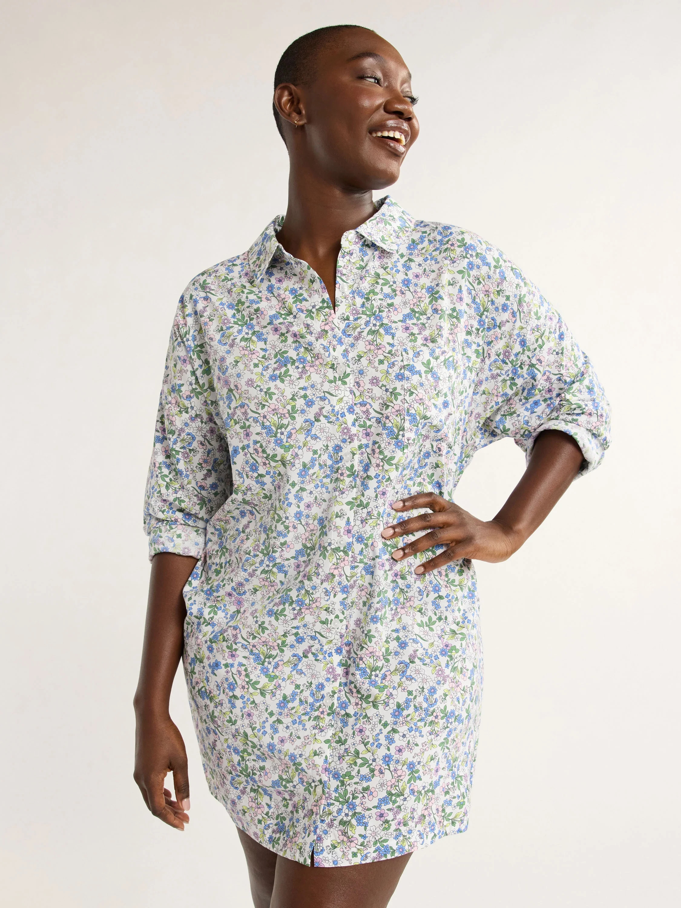 Joyspun Women’s Woven Long Sleeve Button Front Sleepshirt, Sizes XS-3X - Walmart.com | Walmart (US)
