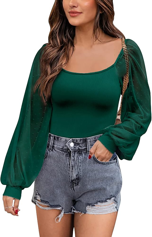 BTFBM Women Mesh Puff Long Sleeve Shirts Tops Scoop Neck Swiss Dots Sheer Slim Fit Casual Ribbed ... | Amazon (US)