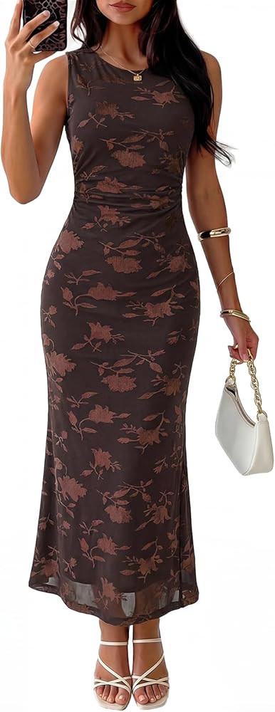 MEROKEETY Women's Summer Sleeveless Floral Maxi Dress 2026 Bodycon Mesh Wedding Guest Cocktail Fo... | Amazon (US)