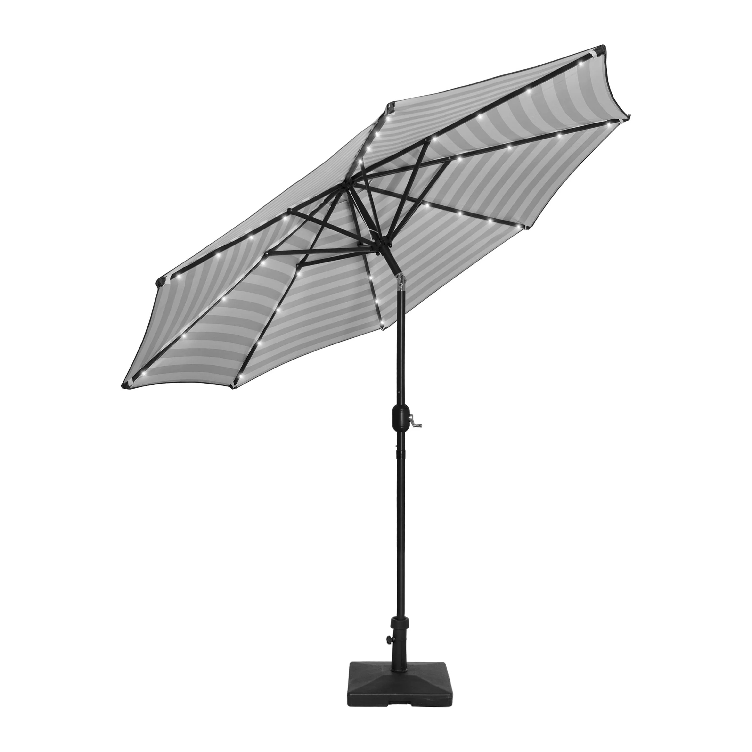 9 ft Patio Solar LED Market Umbrella With 50lb Concrete Base, Black/White Stripe | Walmart (US)