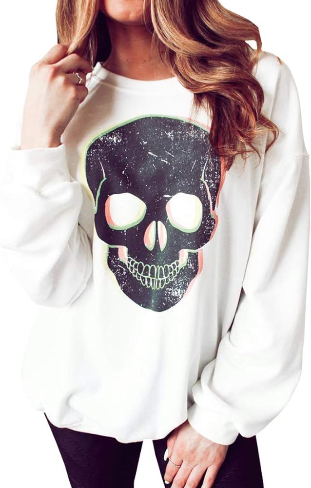 NEXLOMOS Women's Skull Print Lips Long Sleeve Girls Junior White Crewneck Sweatshirt | Amazon (US)