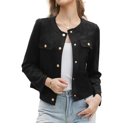 INSPIRE CHIC Women's Faux Suede Crew Neck Long Sleeve Button Down Vintage Casual Cropped Jackets Small Black | Target