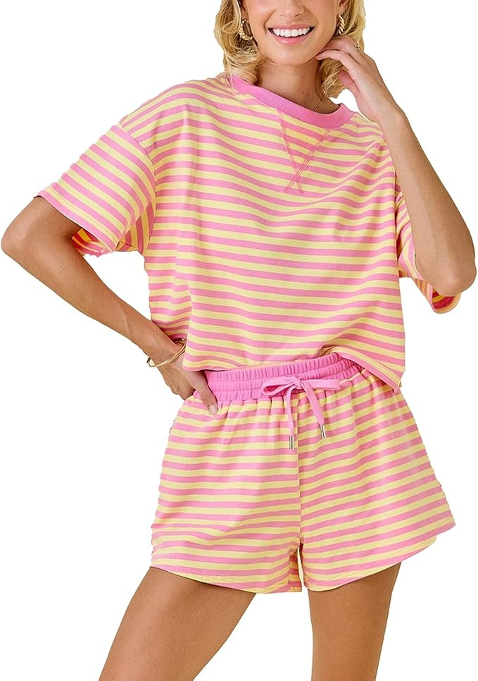 Colorful world Two Piece Sets for Women Striped Shorts Sets Short Sleeve Crew Neck Tops High Wais... | Amazon (US)