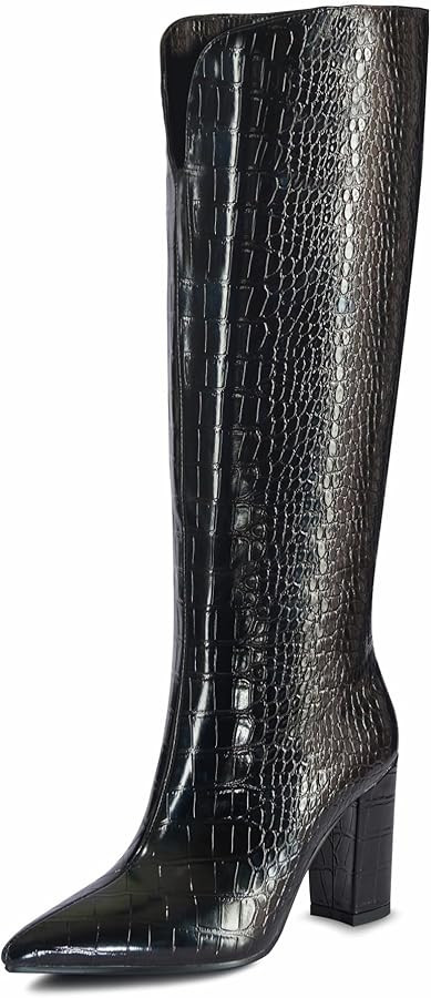 Women Knee High Boots Slim Calf 4.33" Block Heel Pointed Toe Tall Boots Pull On | Amazon (US)