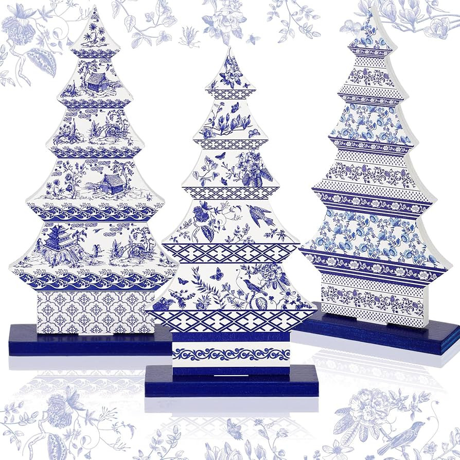 Suzile 3 Pcs Christmas Tree Chinoiserie Wood Tabletop Ornament Ceramic Style Wooden Tabletop Deco... | Amazon (US)