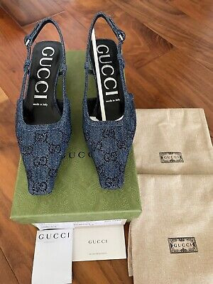 Gucci Women's GG Embellished Denim Slingback Kitten Heel Pumps 37.5  | eBay | eBay US