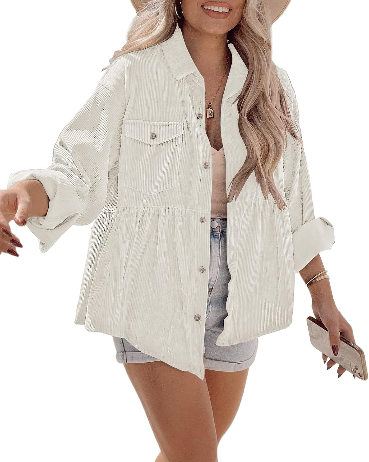 Womens Corduroy Shirts Casual Long Sleeve Button Down Blouses Tunic Babydoll Dress Loose Pocket Jacket Shackets | Amazon (US)