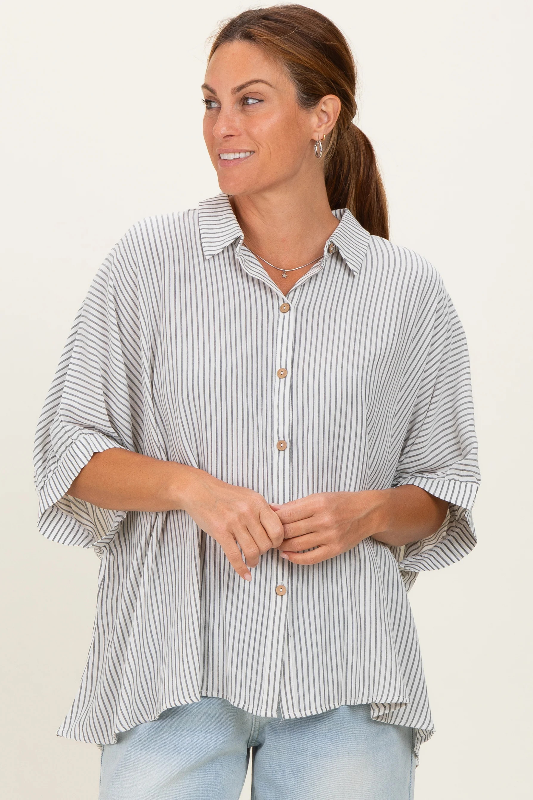 Black Striped Boxy Button Down Top - Small/Medium | PinkBlush Maternity