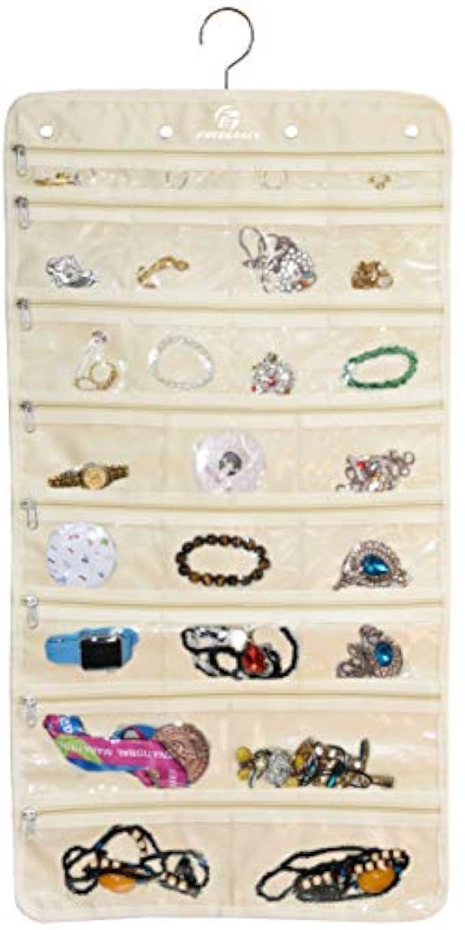 Freegrace Premium Hanging Jewelry Organizer Revolving Hanger - Secure Zipper Closure - 50 Pockets/Tw | Amazon (US)