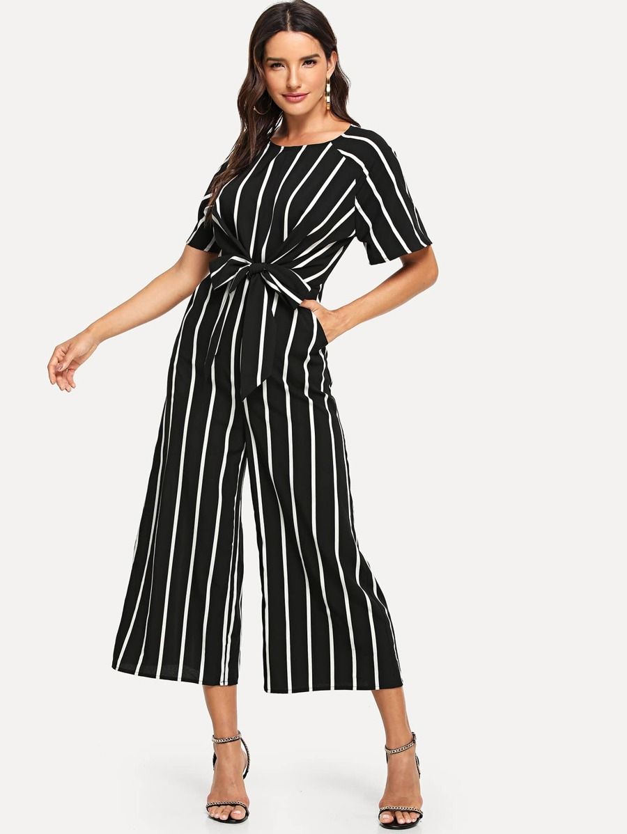 Raglan Sleeve Wide Leg Striped Knot Jumpsuit | SHEIN