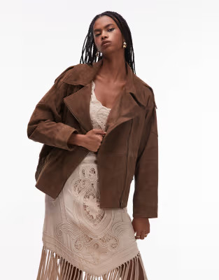 ASOS DESIGN real suede biker jacket with quilt lining in brown | ASOS | ASOS (Global)