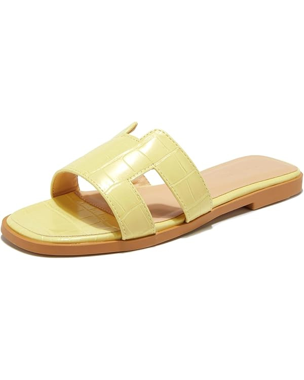 TRULAND H Strap Flat Slide Sandals for Women - Cute Fashion Open Square Toe Summer Dressy Sandals | Amazon (US)