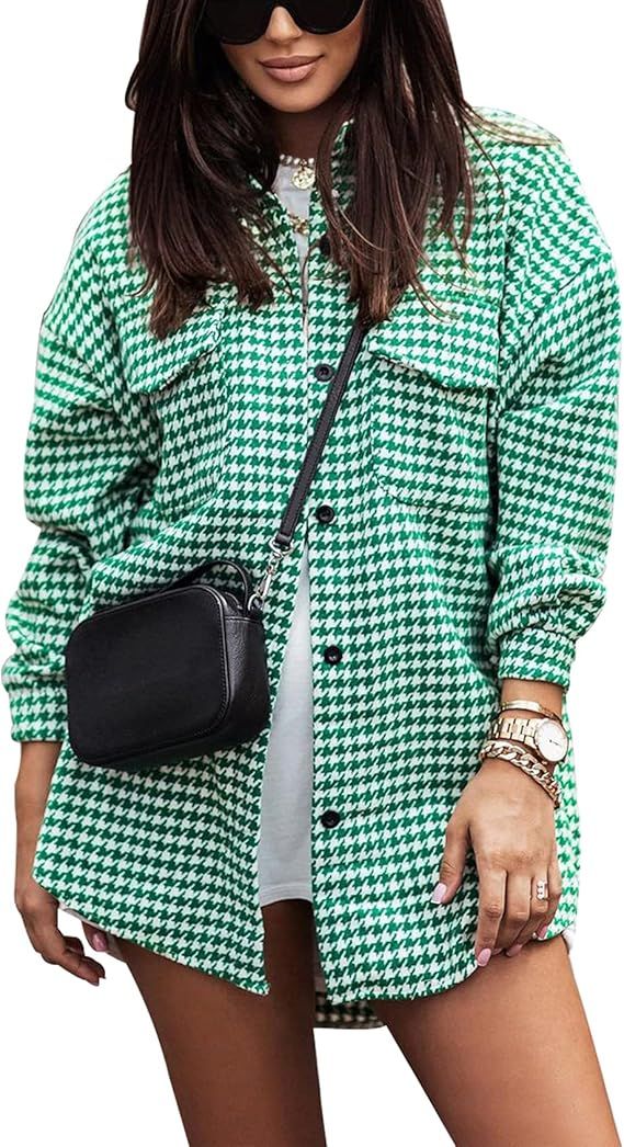 Yimoon Women’s Plaid Shacket Long Sleeve Button Down Houndstooth Shirt Jacket | Amazon (US)