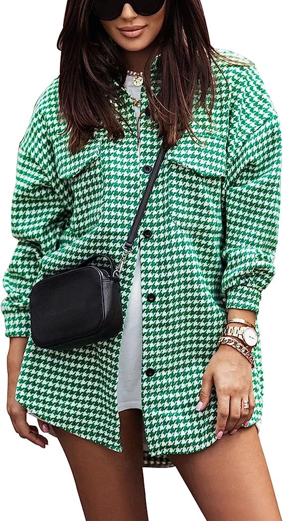 Yimoon Women’s Plaid Shacket Long Sleeve Button Down Houndstooth Shirt Jacket | Amazon (US)