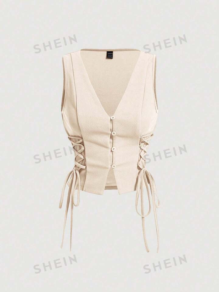 SHEIN MOD Retro Vintage Clothes Crossed Frenulum Drawstring Side Crop Tank Top | SHEIN USA | SHEIN