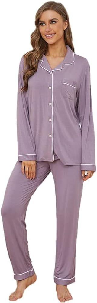 Yoolfine Button Up Pajamas for Women, Long Sleeve Sleepwear Soft Loungewear Ladies Pjs Set, Laven... | Amazon (US)