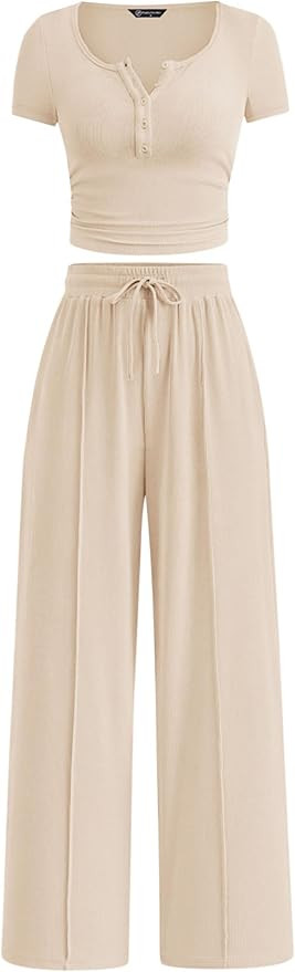 PRETTYGARDEN Womens 2 Piece Outfits Summer 2025 Ribbed Knit Button Short Sleeve Tops Casual Wide ... | Amazon (US)