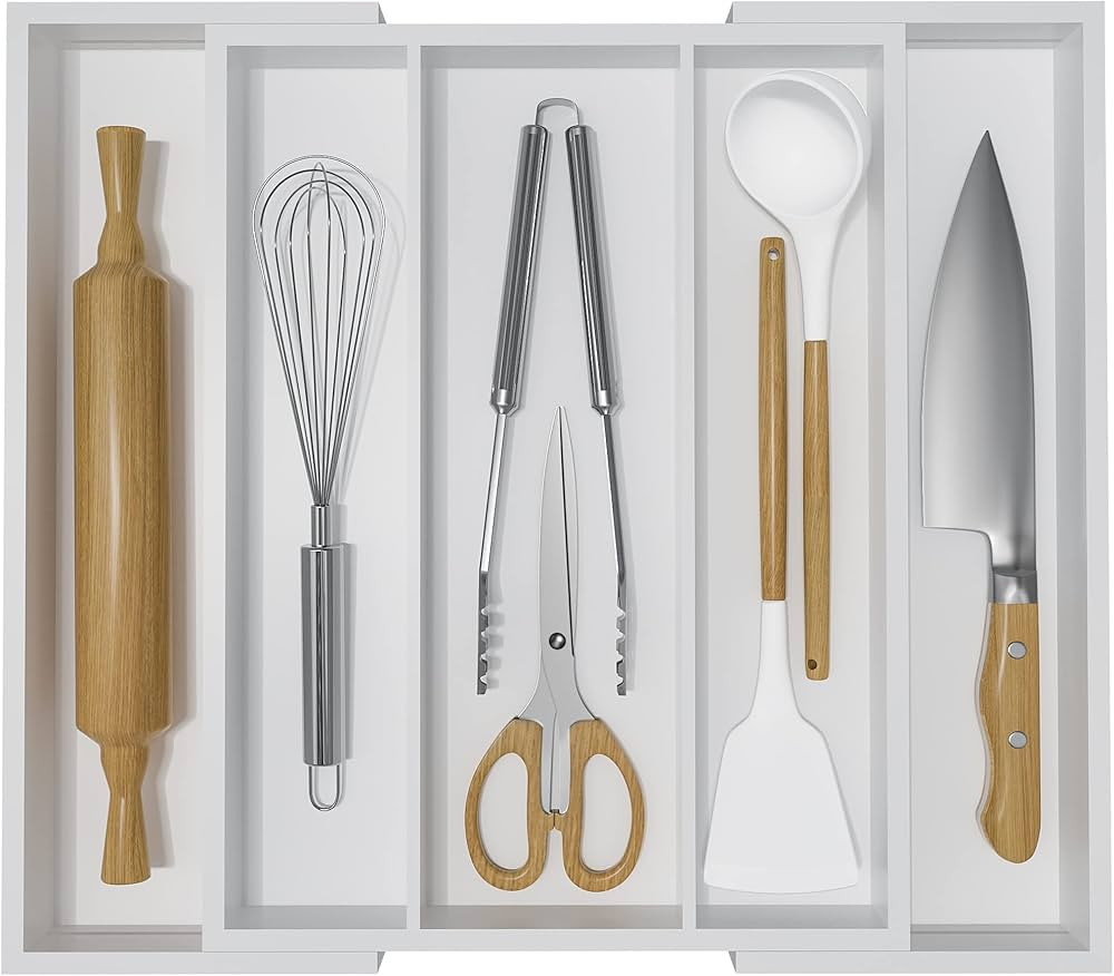 Utensil Organizer for Kitchen Drawers - Bamboo Silverware Tray Expandable 5 Slots Drawer Organize... | Amazon (US)