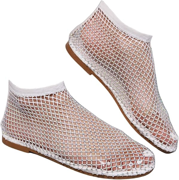 Ultra Comfortable Mesh Flats for Women Fishnet Sandals Low Heel Slip on Rhinestone Shoes | Amazon (US)