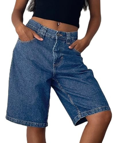 KMBANGI Y2k Women Denim Bermuda Shorts Straight Leg Jean Carpenter Shorts Vintage Mid Rise Knee Length Long Jorts(Basic Dark Blue,XL) | Amazon (US)