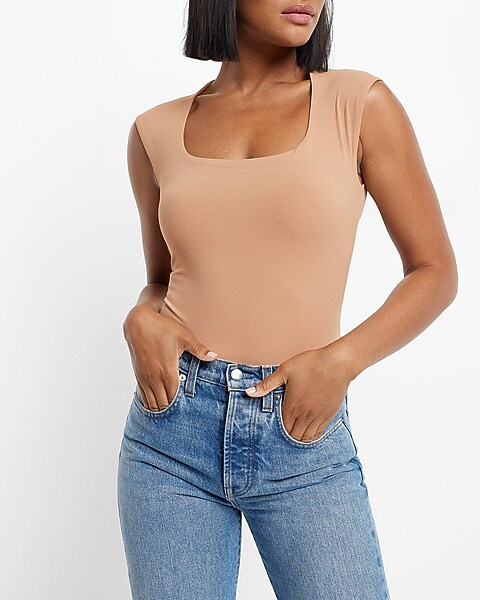 Body Contour Matte Square Neck Cap Sleeve Thong Bodysuit | Express