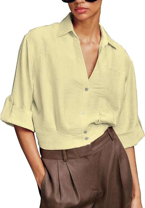 Megfie Women's Cropped Linen Shirt V-Neck Lapel Short Cuff Sleeve Front Button Casual Summer Top | Amazon (US)