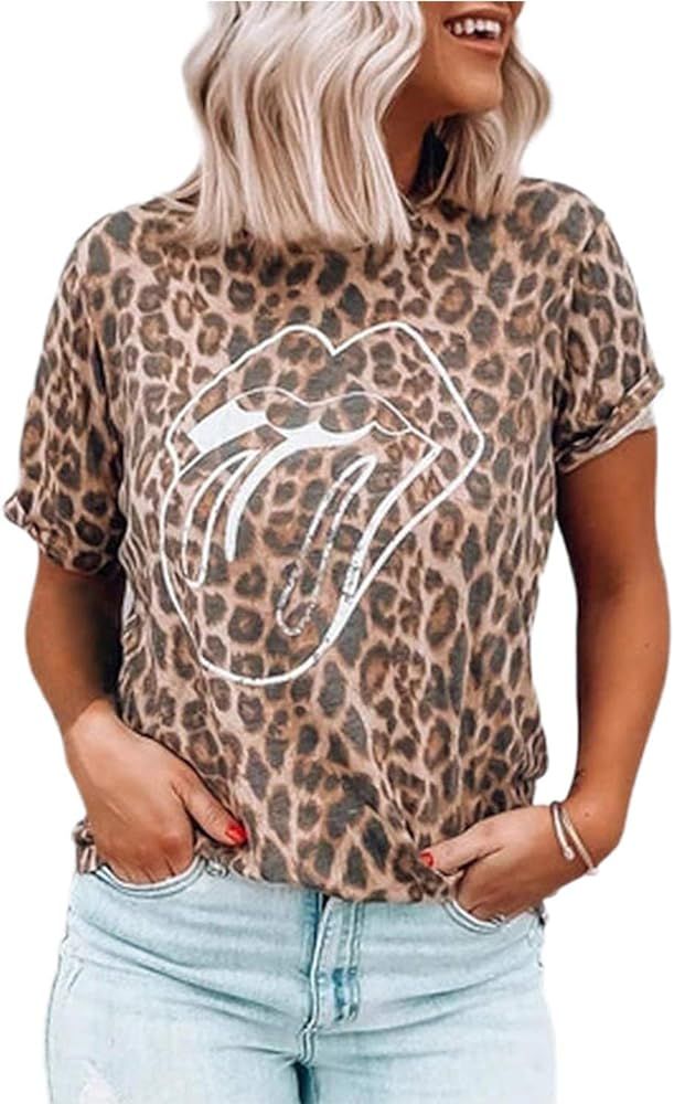 ZILIN Women Short Sleeve Red Lips Leopard Distressed Print Tongue T-Shirt Cute Graphic Tee Tops | Amazon (US)