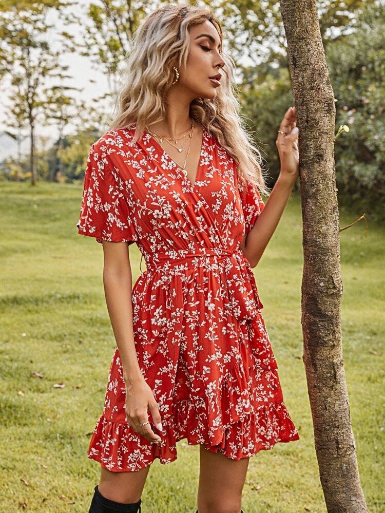 Floral Print Butterfly Sleeve Ruffle Hem Belted Dress | SHEIN