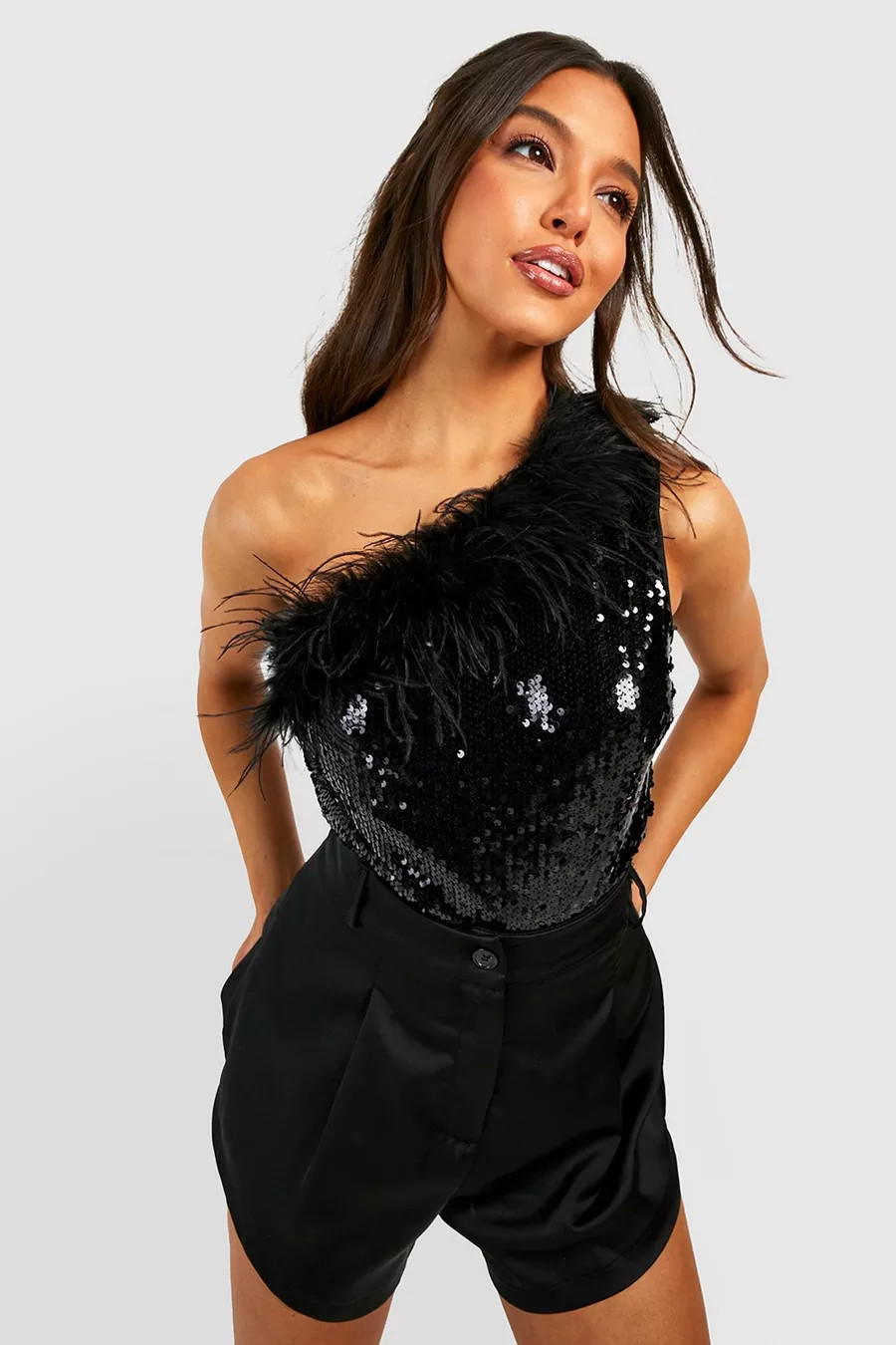 Black One Shoulder Feather And Sequin Bodysuit | Boohoo.com (UK & IE)