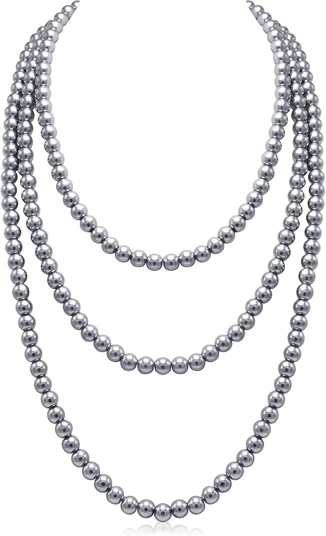 Long Pearl Necklaces for Women Cream White Faux Pearl Strand Layered Necklace Costume Jewelry | Amazon (US)