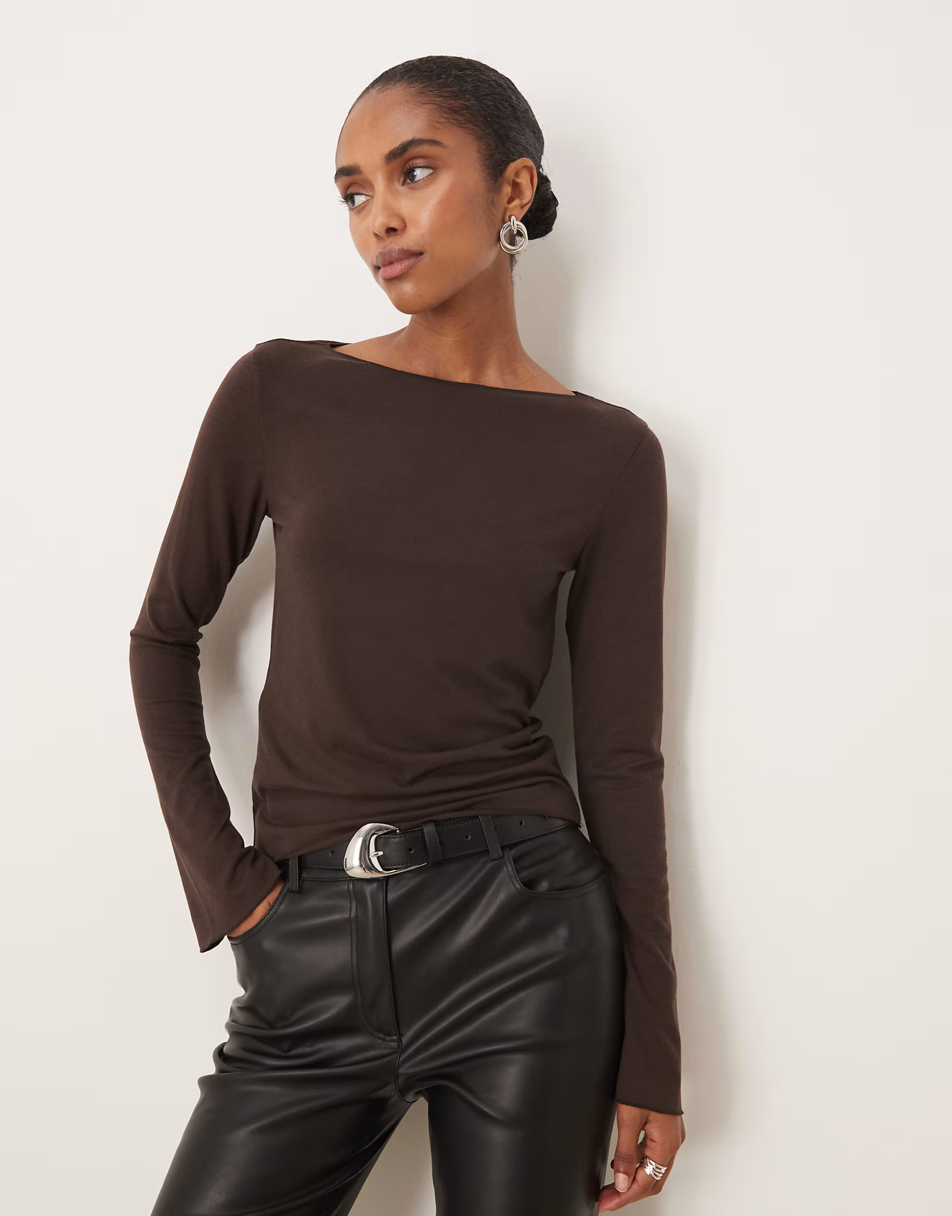 Mango boat neck long sleeve top in brown | ASOS (Global)