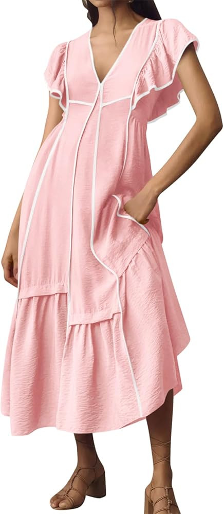 Wenrine Womens Summer V Neck Midi Dress Casual Ruffle Sleeve Contrast Color Loose Fit Flowy Long ... | Amazon (US)