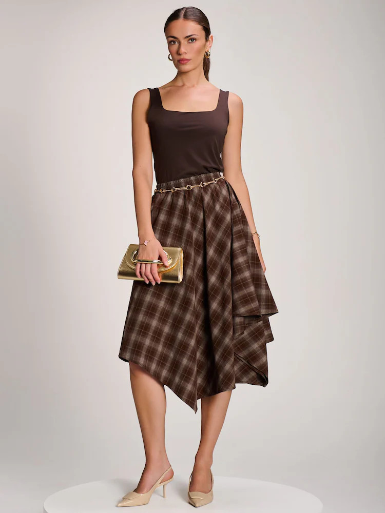 Jolie Moi Brown Check Asymmetric Woven Midi Skirt | Next US