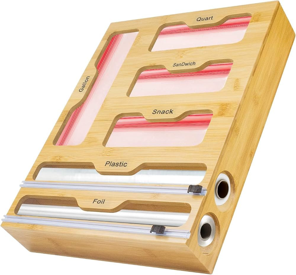 Zip-Lock Bag Organizer Bamboo 6-IN-1 Plastic Wrap Dispenser With Cutter Kitchen Drawer Storage Bo... | Amazon (US)