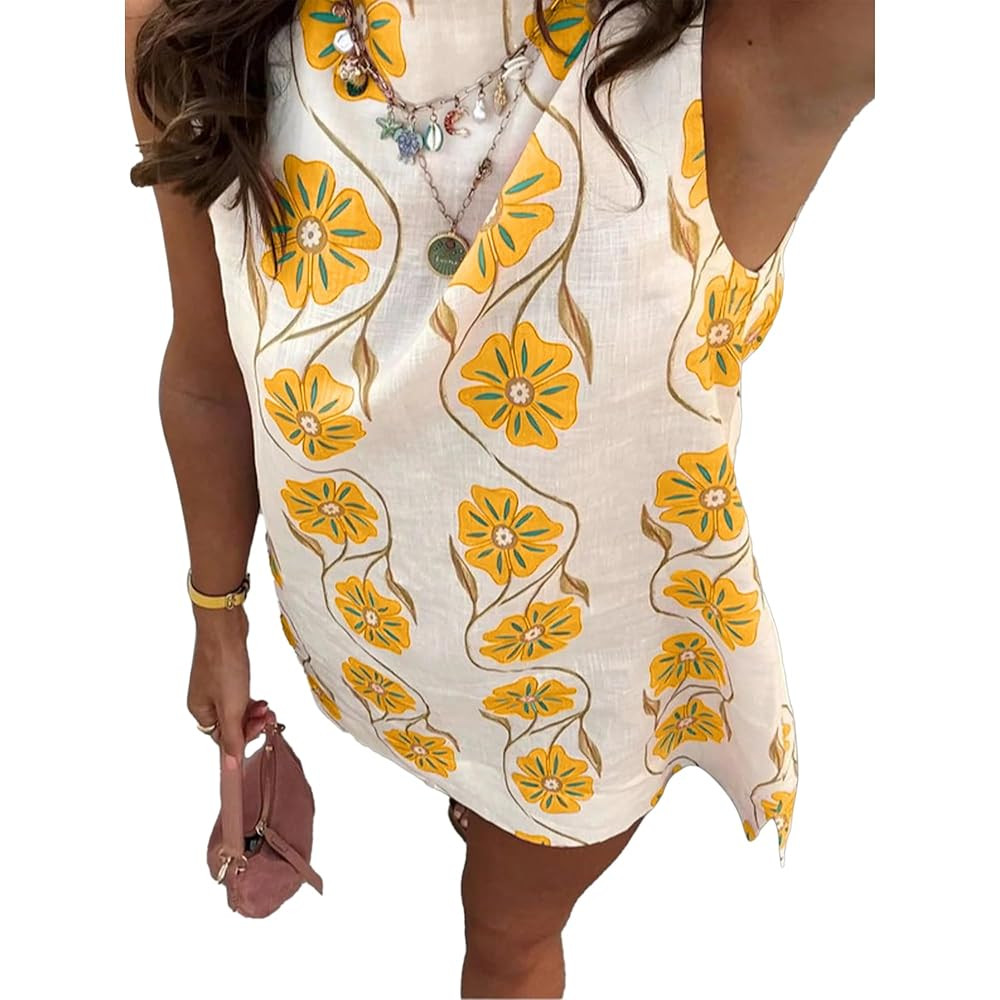 Hixiaohe Womens Summer Floral Mini Dress Sleeveless Fairy Shift Dress Cotton Linen Boho Beach Vac... | Amazon (US)