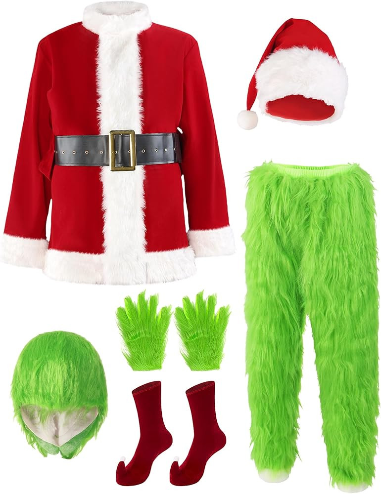 Christmas Costume for Men Adult Santa Claus Suit 7PCS Green Furry Monster Deluxe Xmas Halloween C... | Amazon (US)