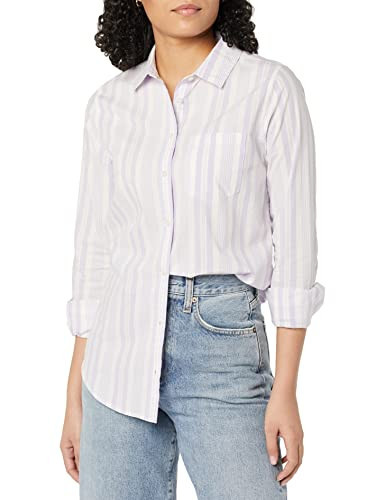 Amazon Essentials Women's Classic-Fit Long Sleeve Button Down Poplin Shirt Shirt, -White/Lilac, Variegated Stripe, Large | Amazon (US)