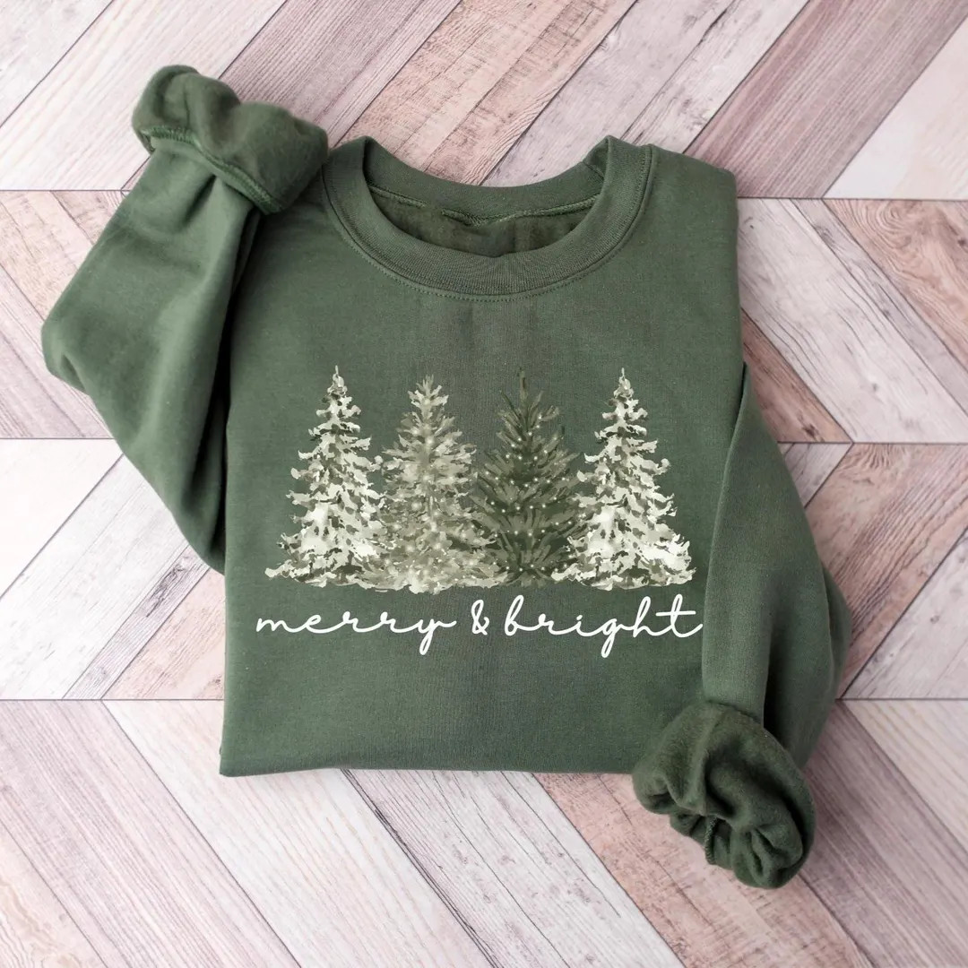 Merry& Bright Christmas Tree Sweatshirt, Womens Festive Holiday Sweater, Cute Family Xmas Gift - ... | Etsy (US)