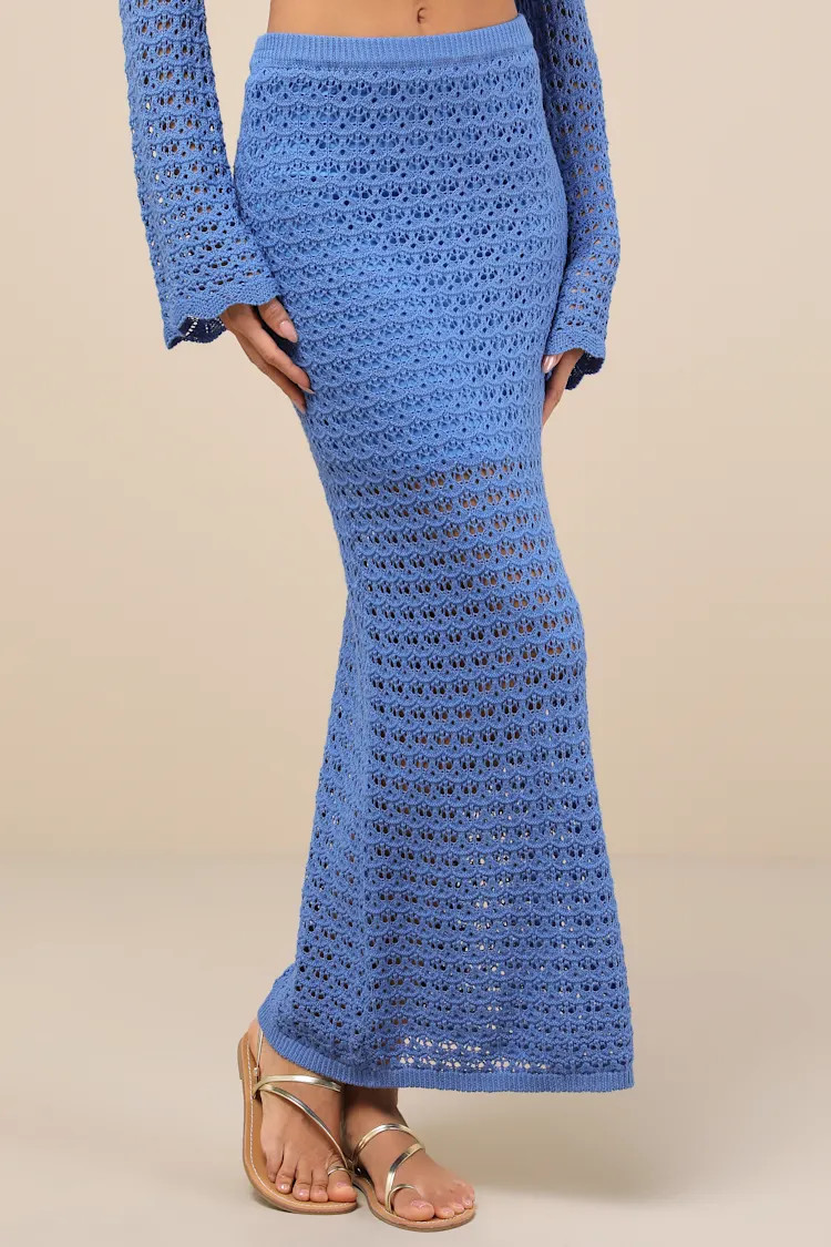 Serene Aesthetic Blue Crochet Knit Midi Skirt | Lulus