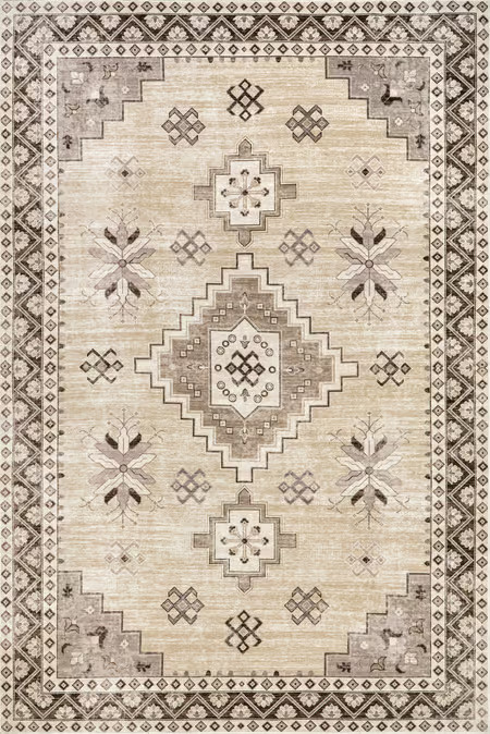 Beige Clovebud Medallion Washable Area Rug | Rugs USA