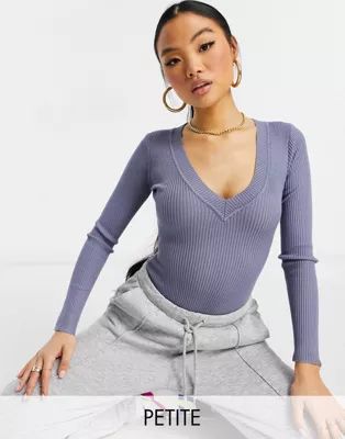 Missguided Petite knitted bodysuit with v neck in blue | ASOS (Global)