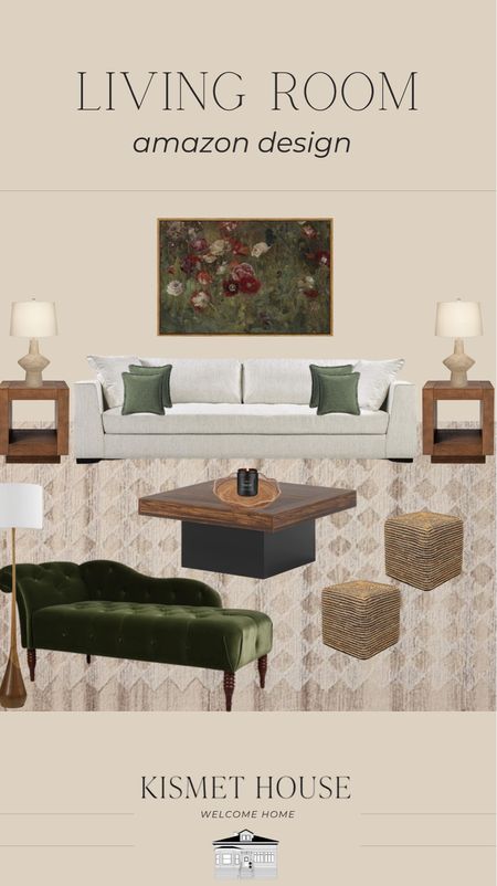 Living room design, all from Amazon. Make a statement with this pattern rug and pops of emerald green accents. The duo makes the perfect pairing.





Wall art, side tables, table lamps, throw pillows, accent pillows, sofa, couch, chaise, area rug, poof chairs, area rug, floor lamp, coffee table, accent basket, large candle, Amazon home decor, Amazon furnituree 

#LTKStyleTip #LTKHome