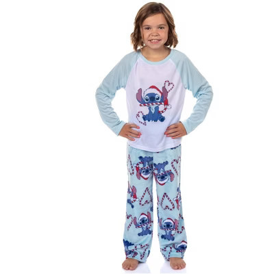 Disney Stitch Christmas Pajamas Kid's Candy Cane 2 Piece PJ Lounge Set (6) Blue | Target
