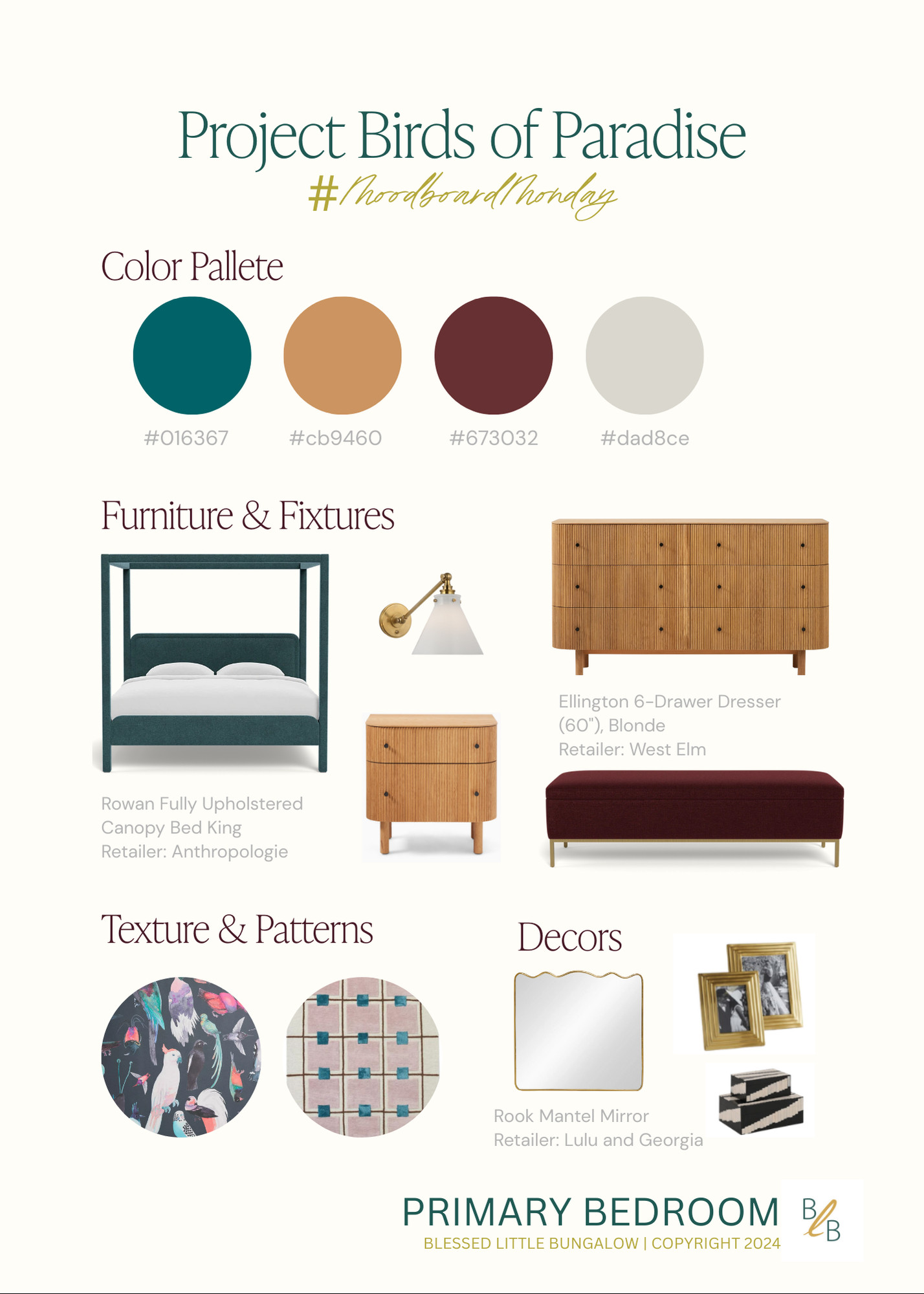This color palette set the foundation for the entire primary bedroom design. Deep teal anchors the space, warm camel and rich oxblood add depth, and soft neutrals bring balance — allowing bold pattern and texture to shine without overwhelming the room.

When designing with saturated color, contrast is key. Mixing warm and cool tones creates a layered, intentional feel that still reads calm and livable.

✨ Shop the key pieces that brought this palette to life above.

#MoodboardMonday #ColorPaletteInspo #InteriorDesignMoodboard #PrimaryBedroomDesign #ColorfulInteriors #PatternPlay #WallpaperInspiration #LTKHome #ShopTheLook #BlessedLittleBungalow #BLBStyle 

 #LTKHome
