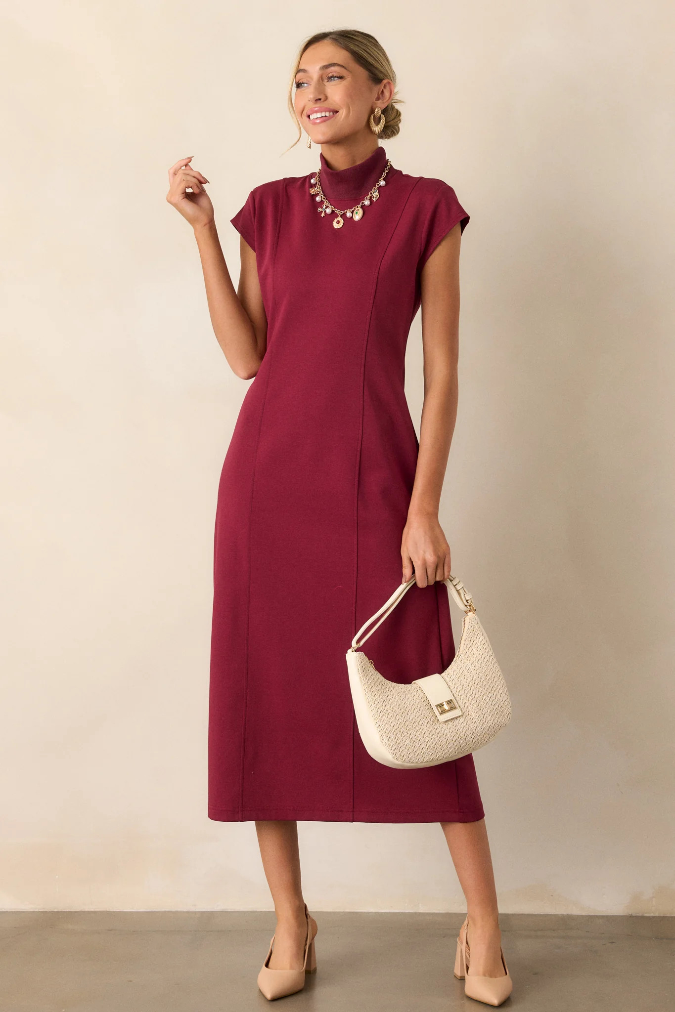 My Lifestyle Burgundy Mock Neck Midi Dress | Red Dress